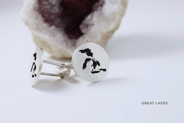 Large (20mm) Round Cufflinks in Sterling Silver with Oxidized Center, Matte Finish and The Great Lakes border